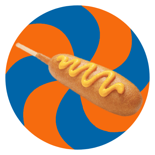 Blue and orange pinwheel and corndog with mustard